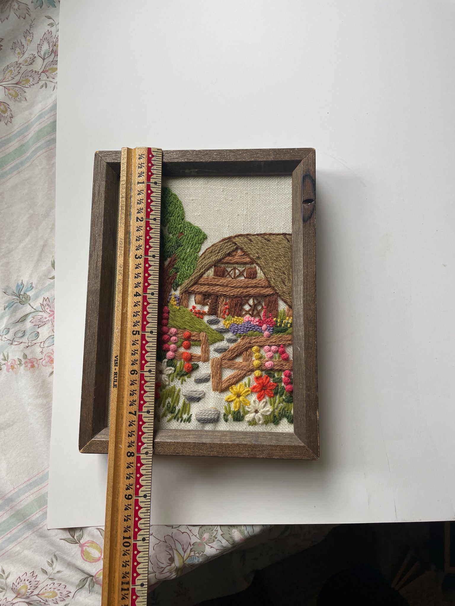 Vintage Hand-embroidered Cottage Scene Wall Art