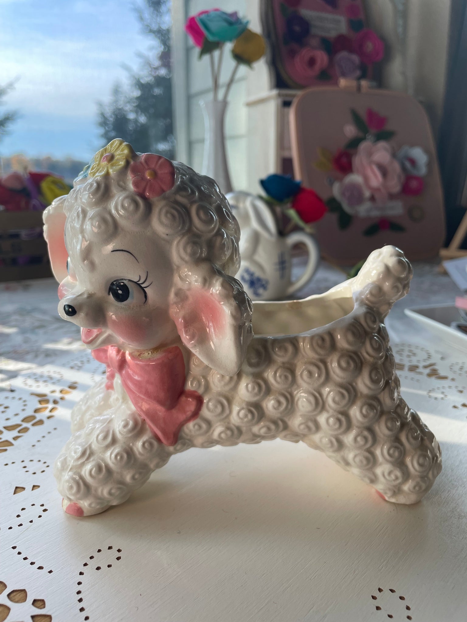 Vintage Lamb Planter with Flowers and Pink Bow