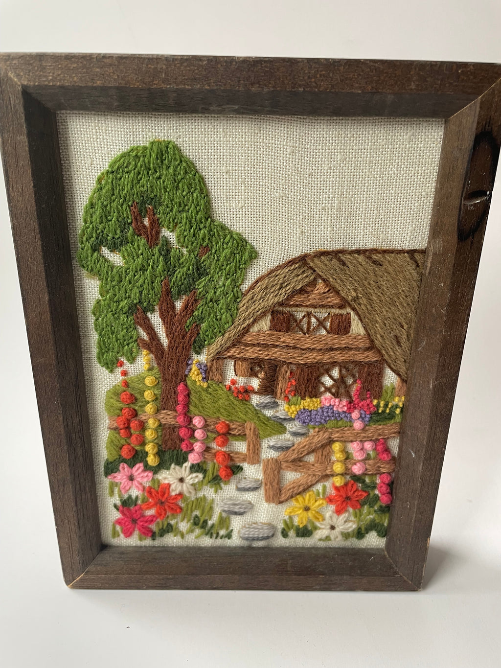 Vintage Hand-embroidered Cottage Scene Wall Art