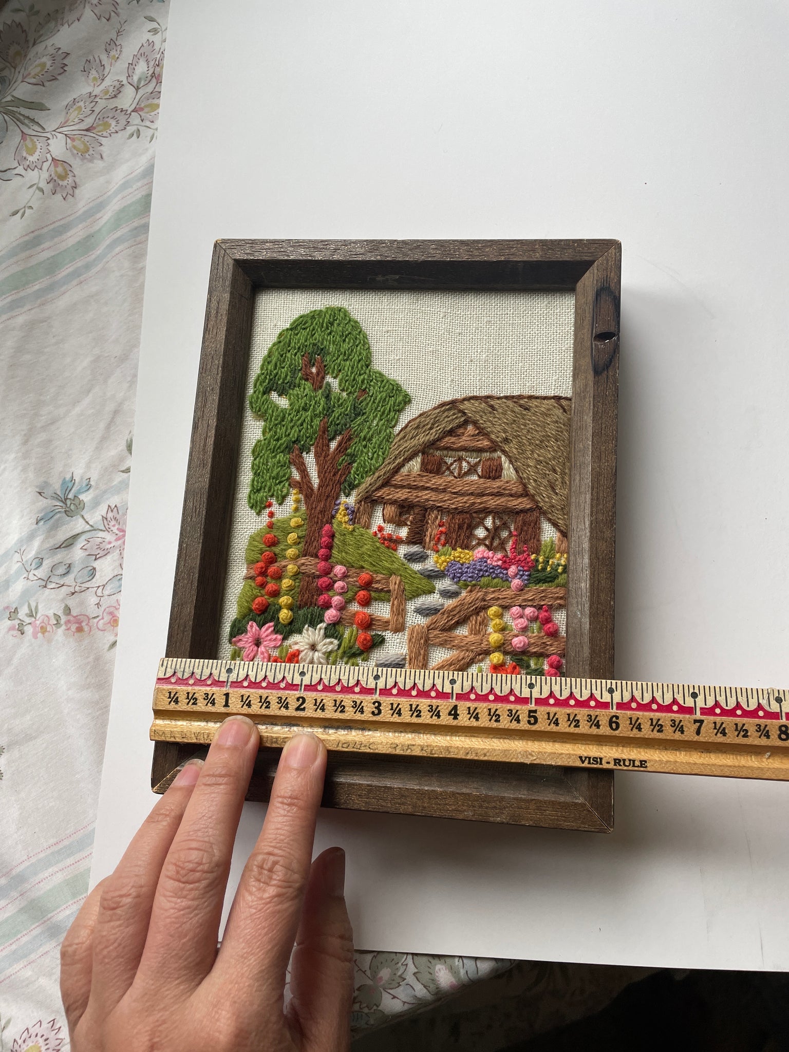 Vintage Hand-embroidered Cottage Scene Wall Art