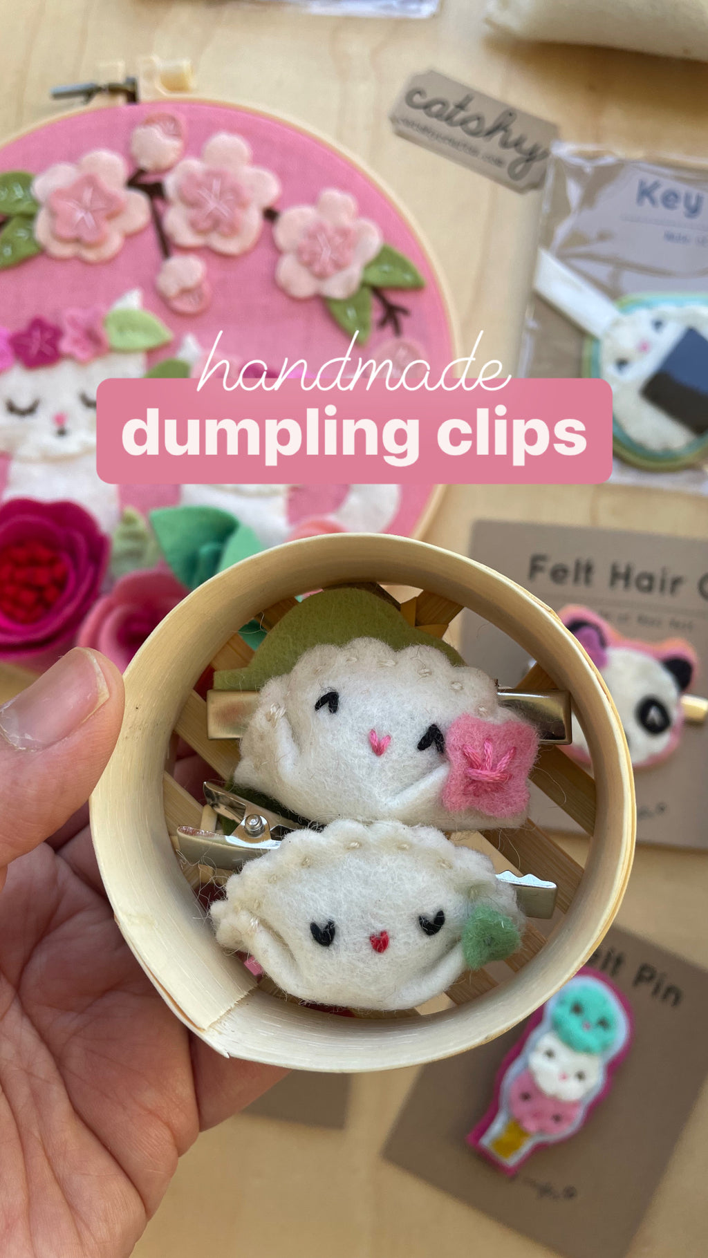 Set of 2 Handmade Felt Hair Clips in Bamboo Steamer