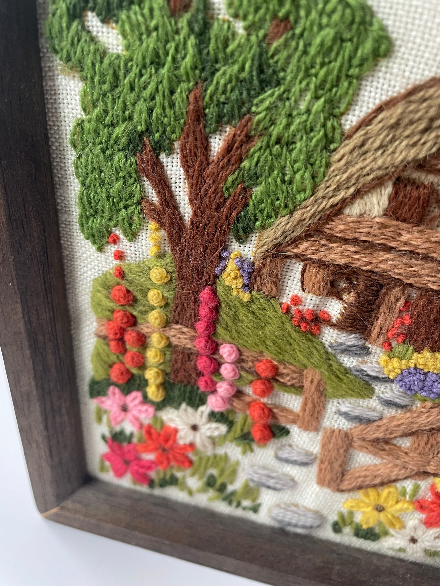Vintage Hand-embroidered Cottage Scene Wall Art