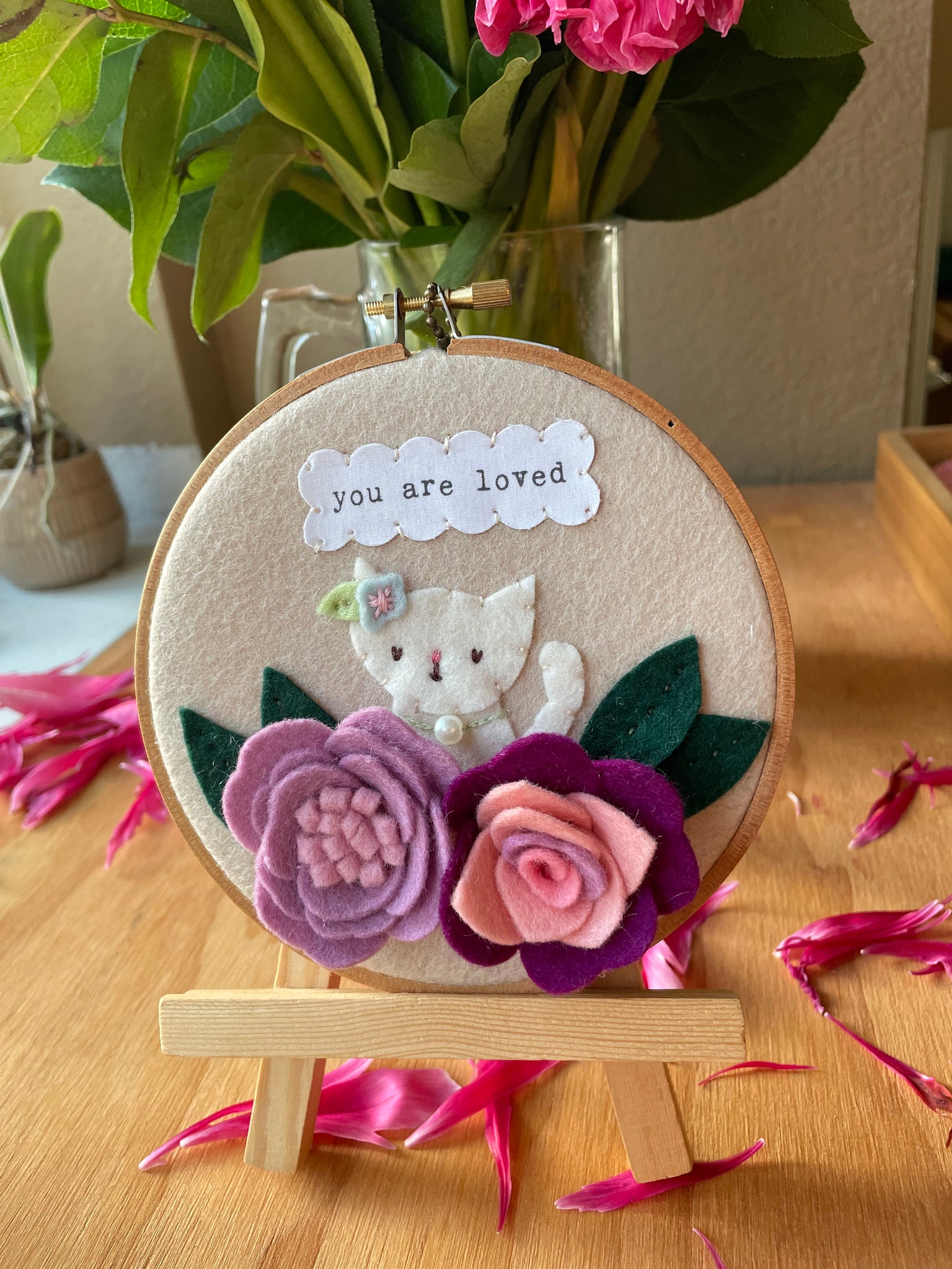 "You are Loved" Cat and Flower Hoop Art