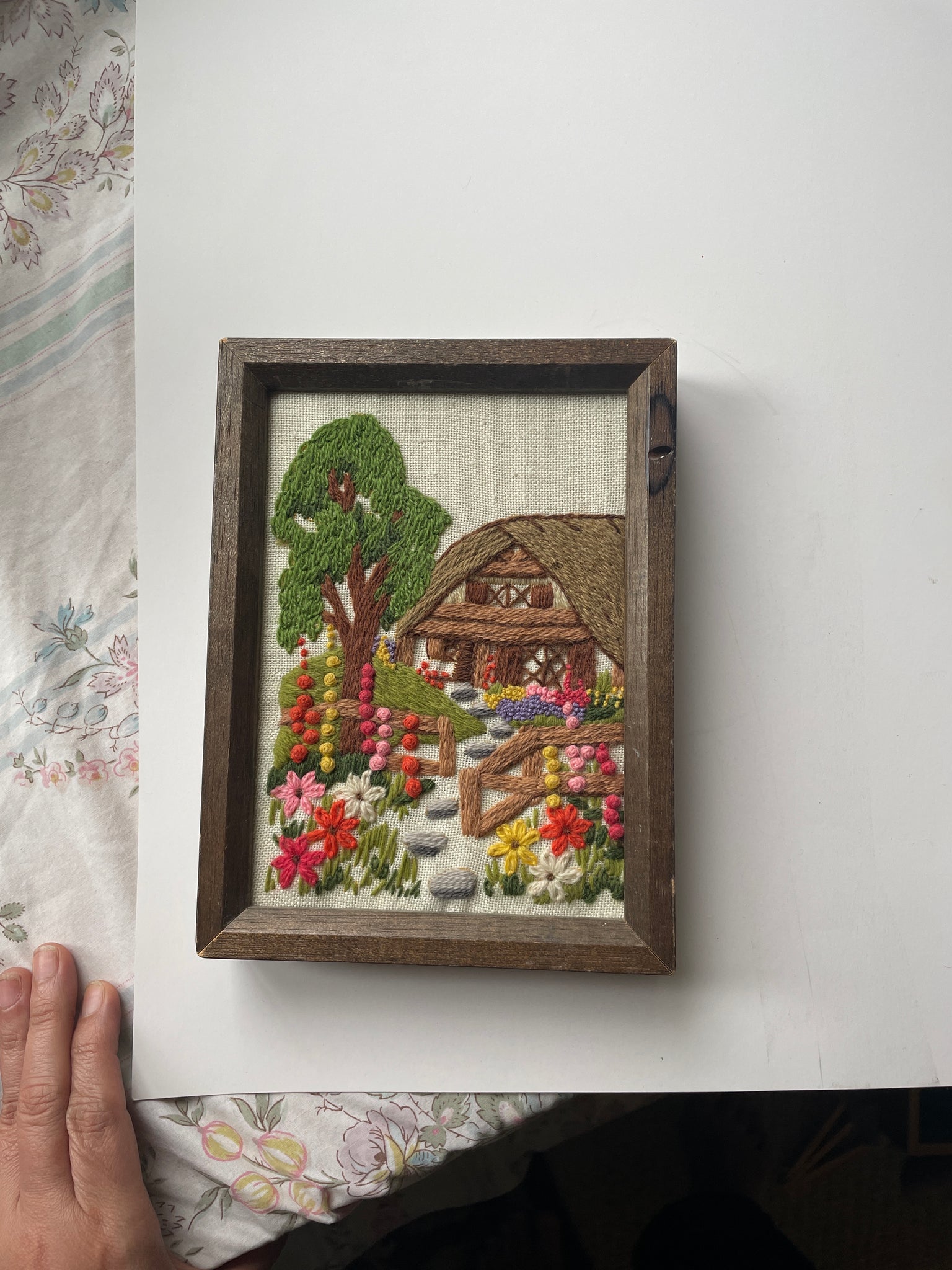 Vintage Hand-embroidered Cottage Scene Wall Art