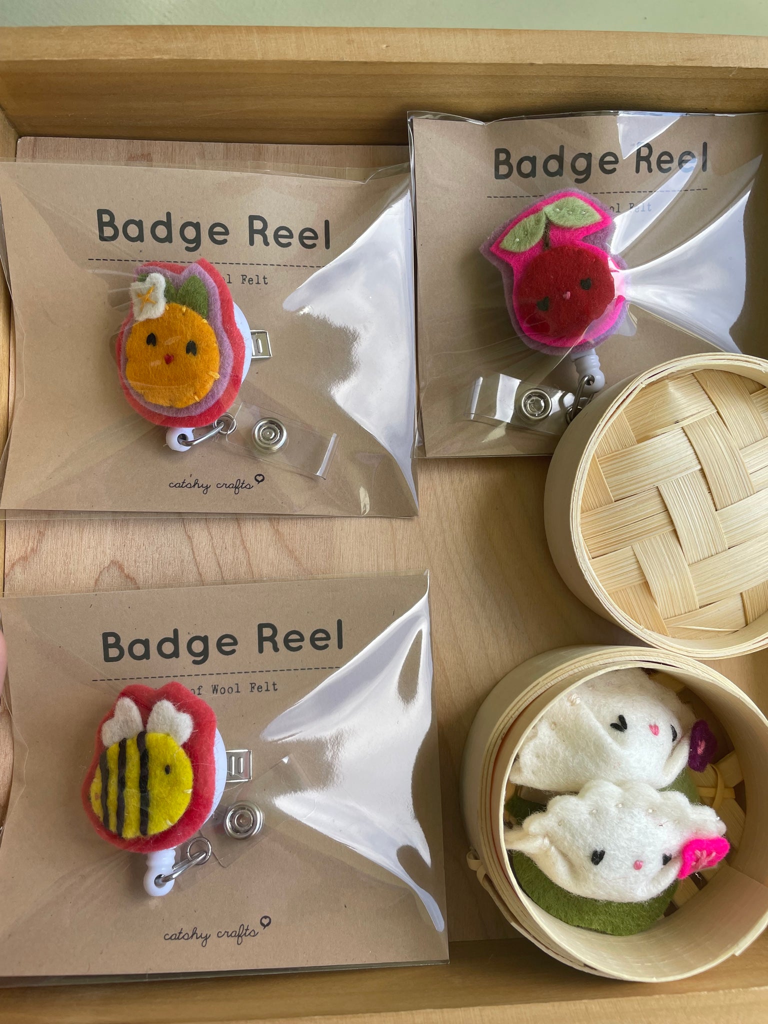 Kate's Custom Order 5/2025 : 3 Badge Reels + 1 Dumpling Clip Set in Steamer