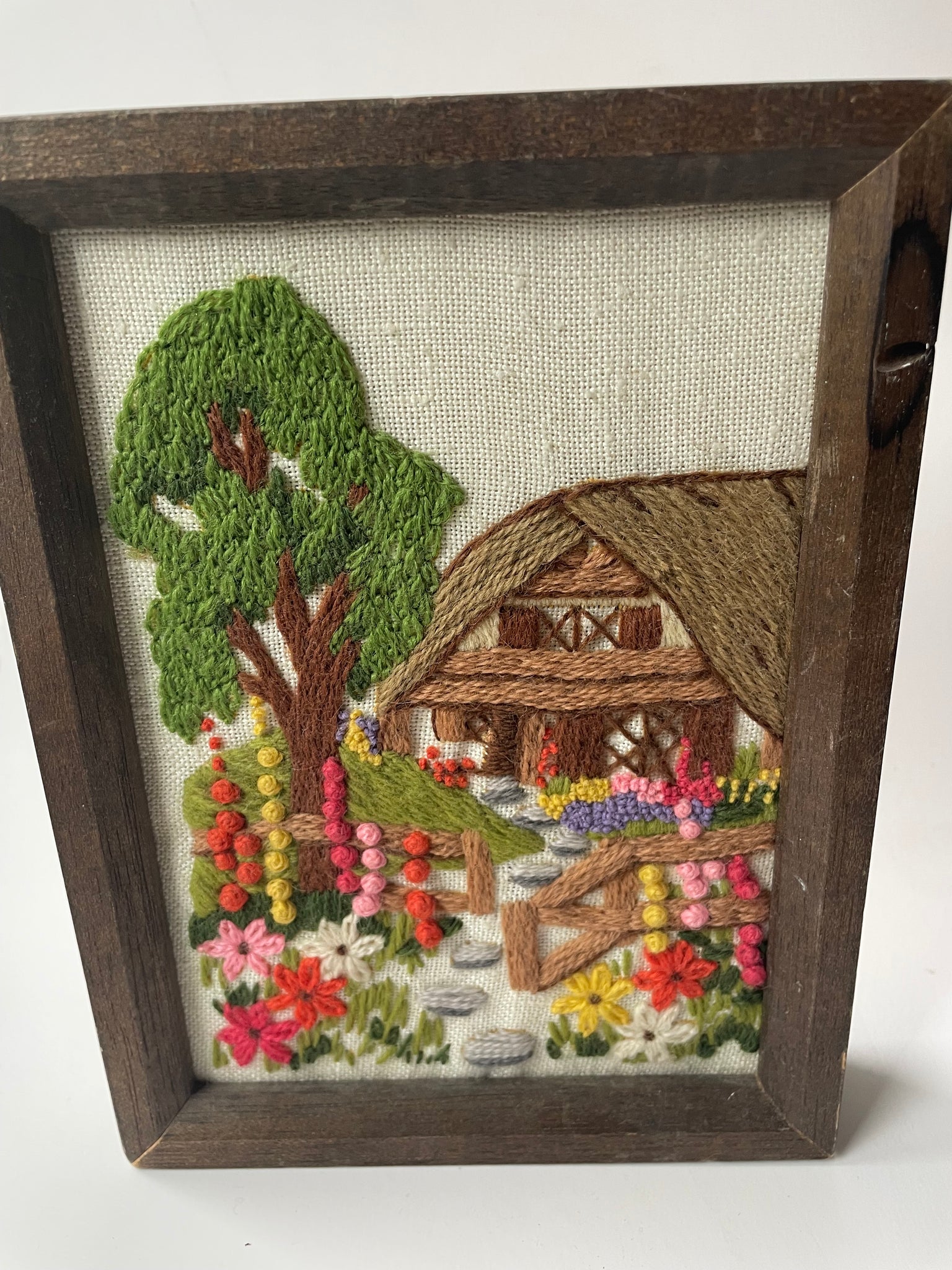 Vintage Hand-embroidered Cottage Scene Wall Art