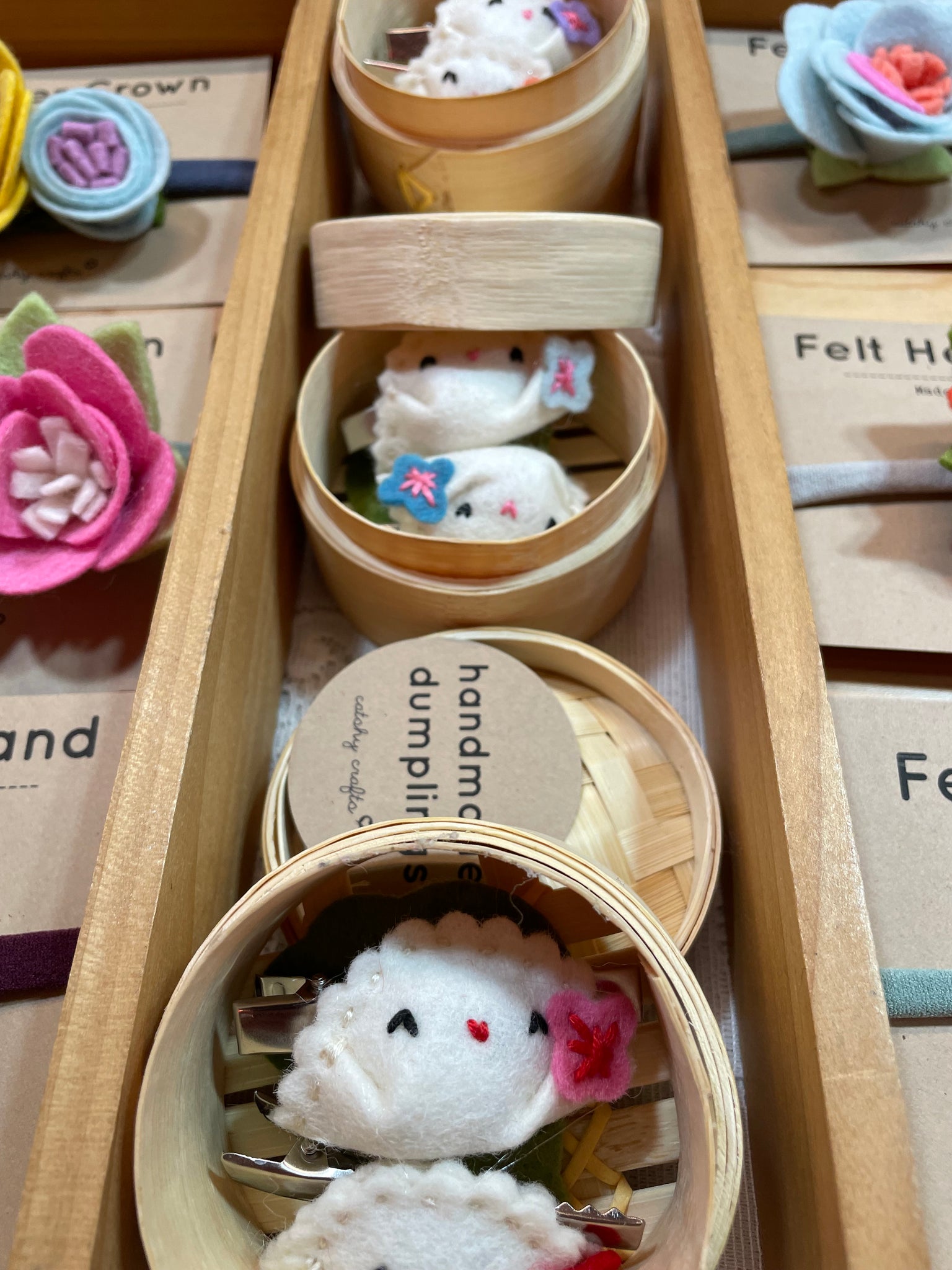 Set of 2 Handmade Felt Hair Clips in Bamboo Steamer