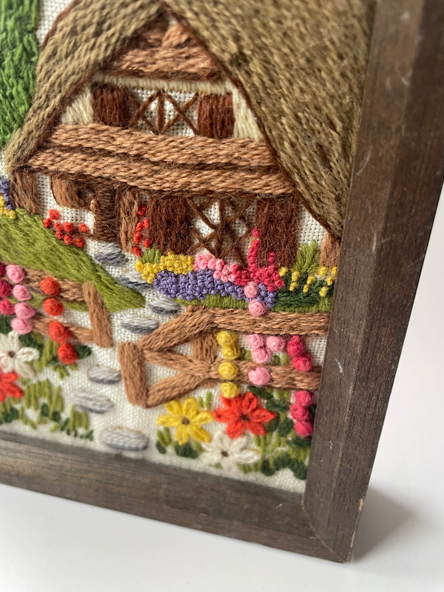 Vintage Hand-embroidered Cottage Scene Wall Art