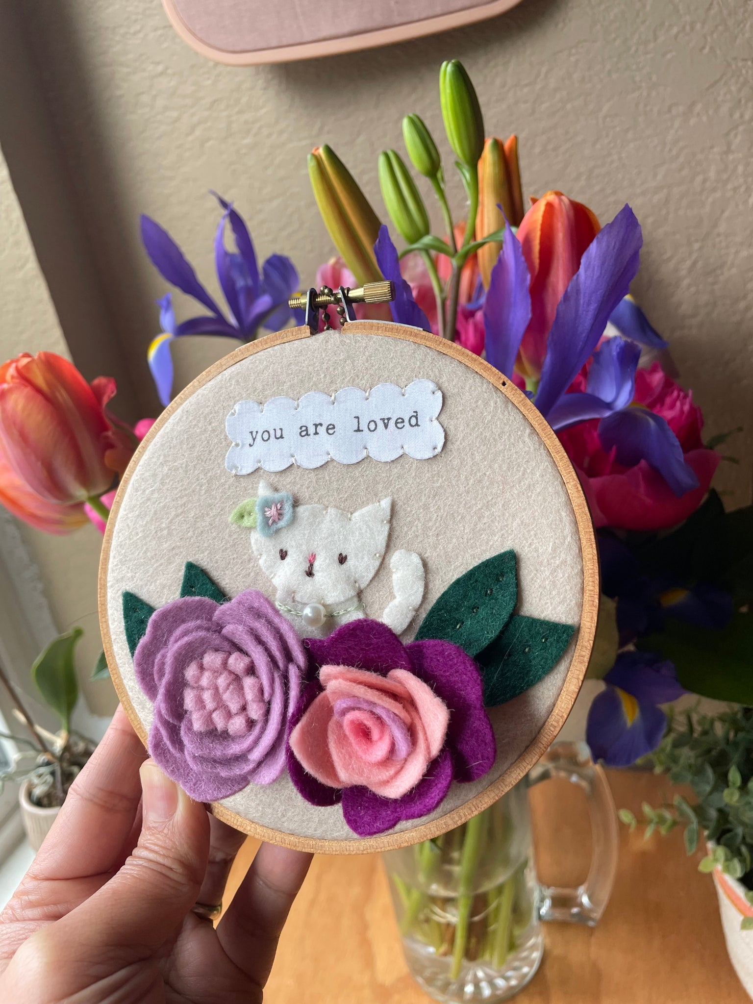 "You are Loved" Cat and Flower Hoop Art