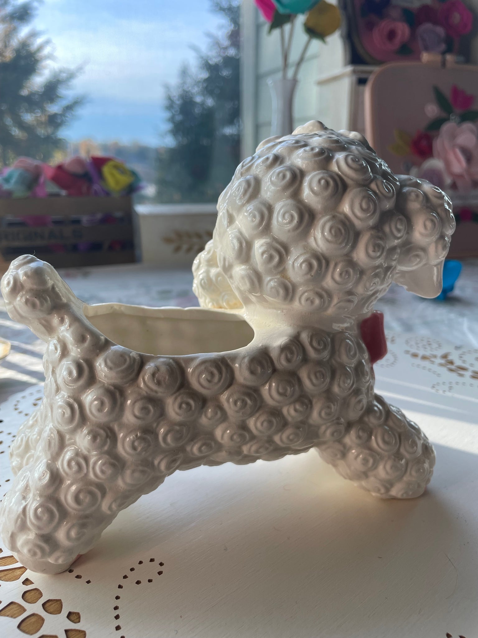 Vintage Lamb Planter with Flowers and Pink Bow