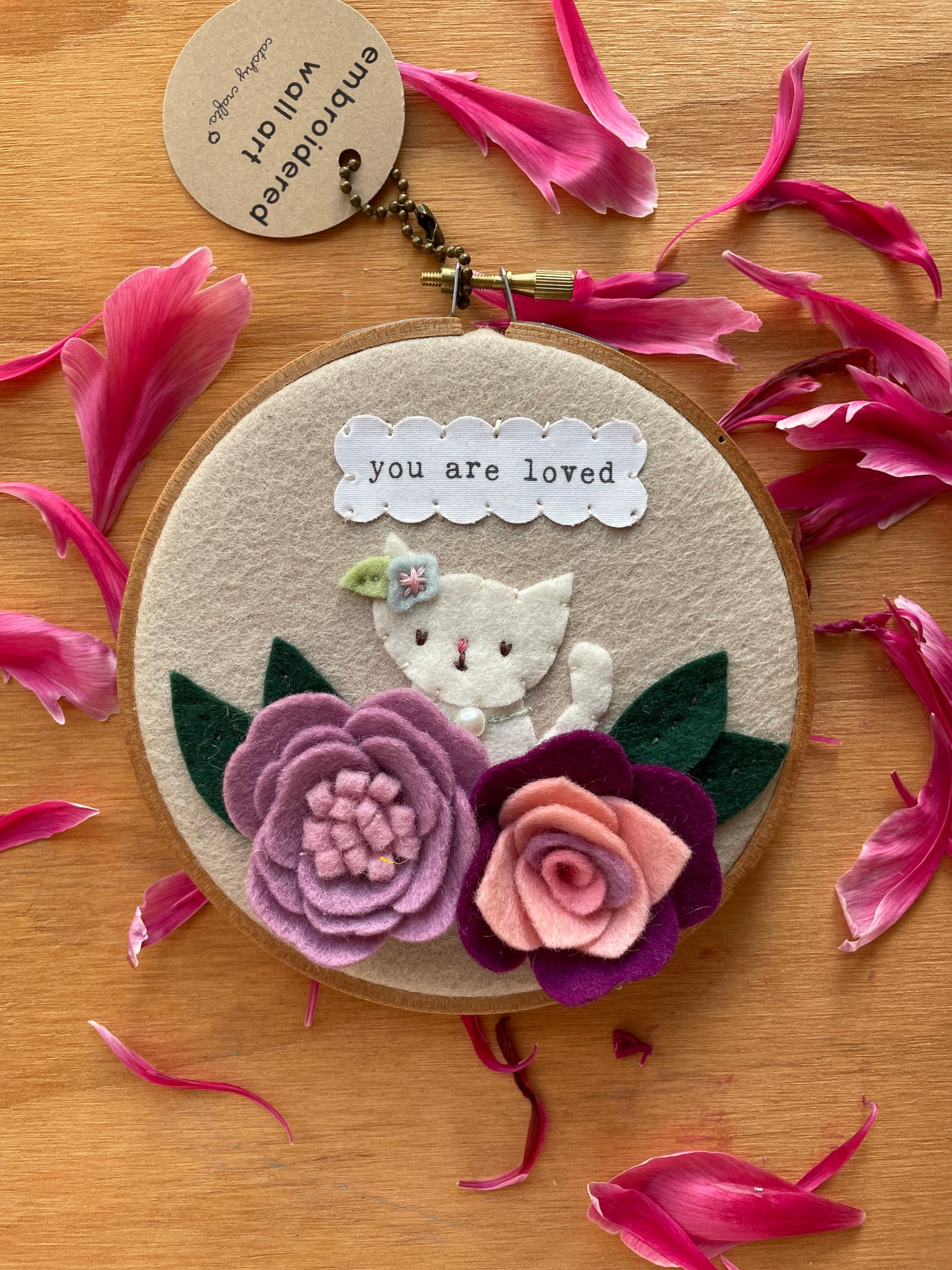 "You are Loved" Cat and Flower Hoop Art