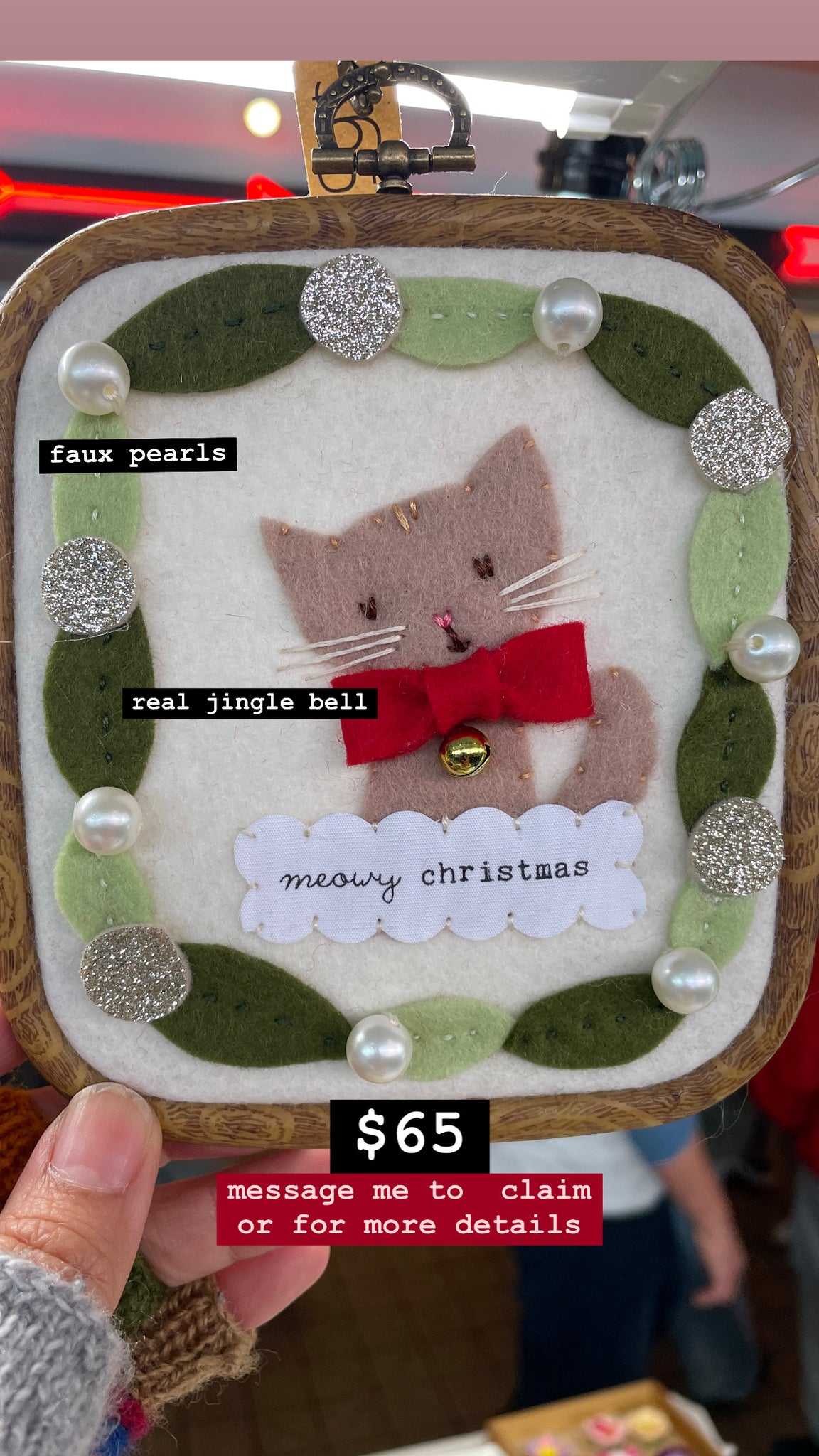 meowy christmas embroidery hoop with rectangular hoop