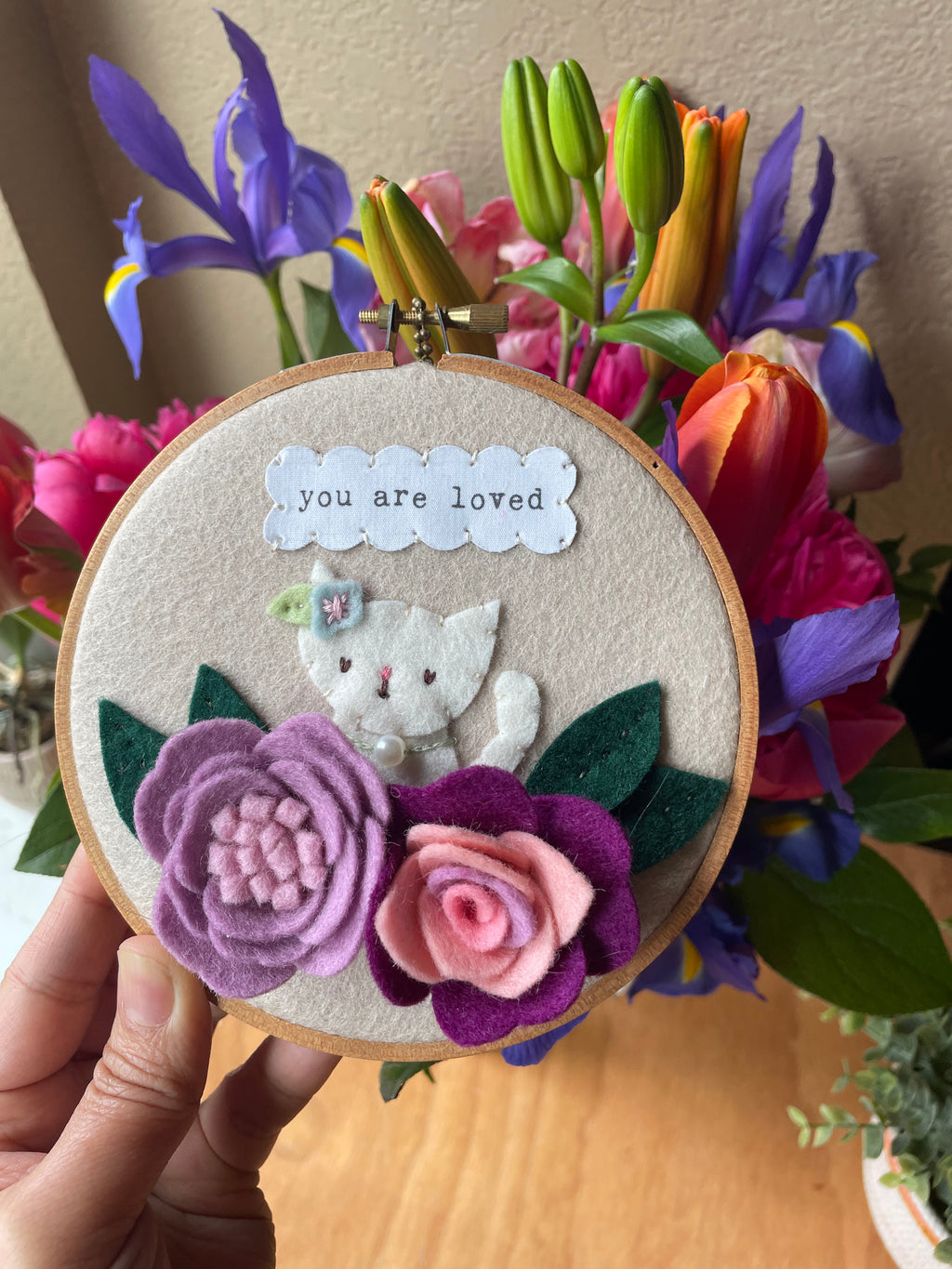 "You are Loved" Cat and Flower Hoop Art