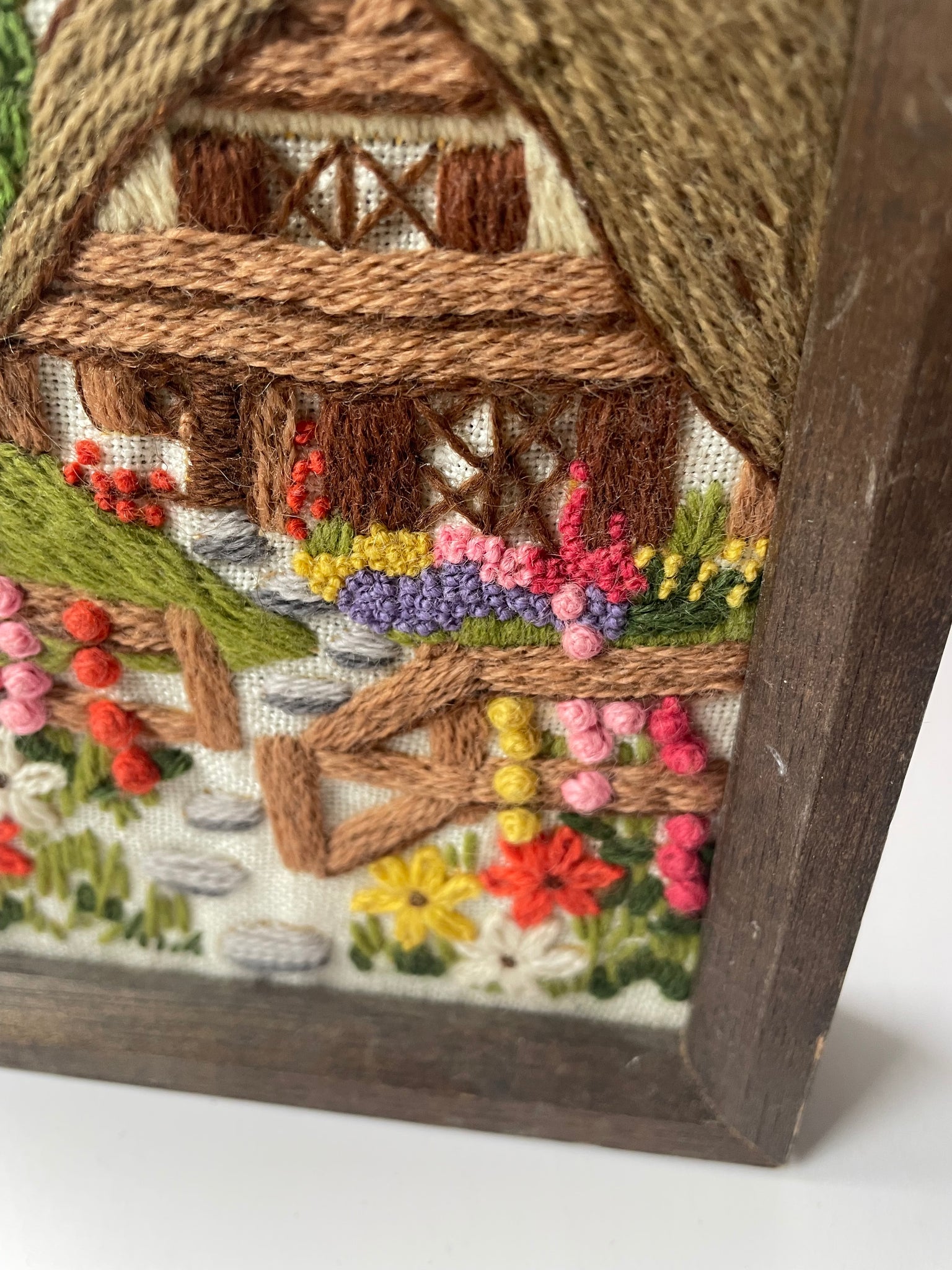 Vintage Hand-embroidered Cottage Scene Wall Art