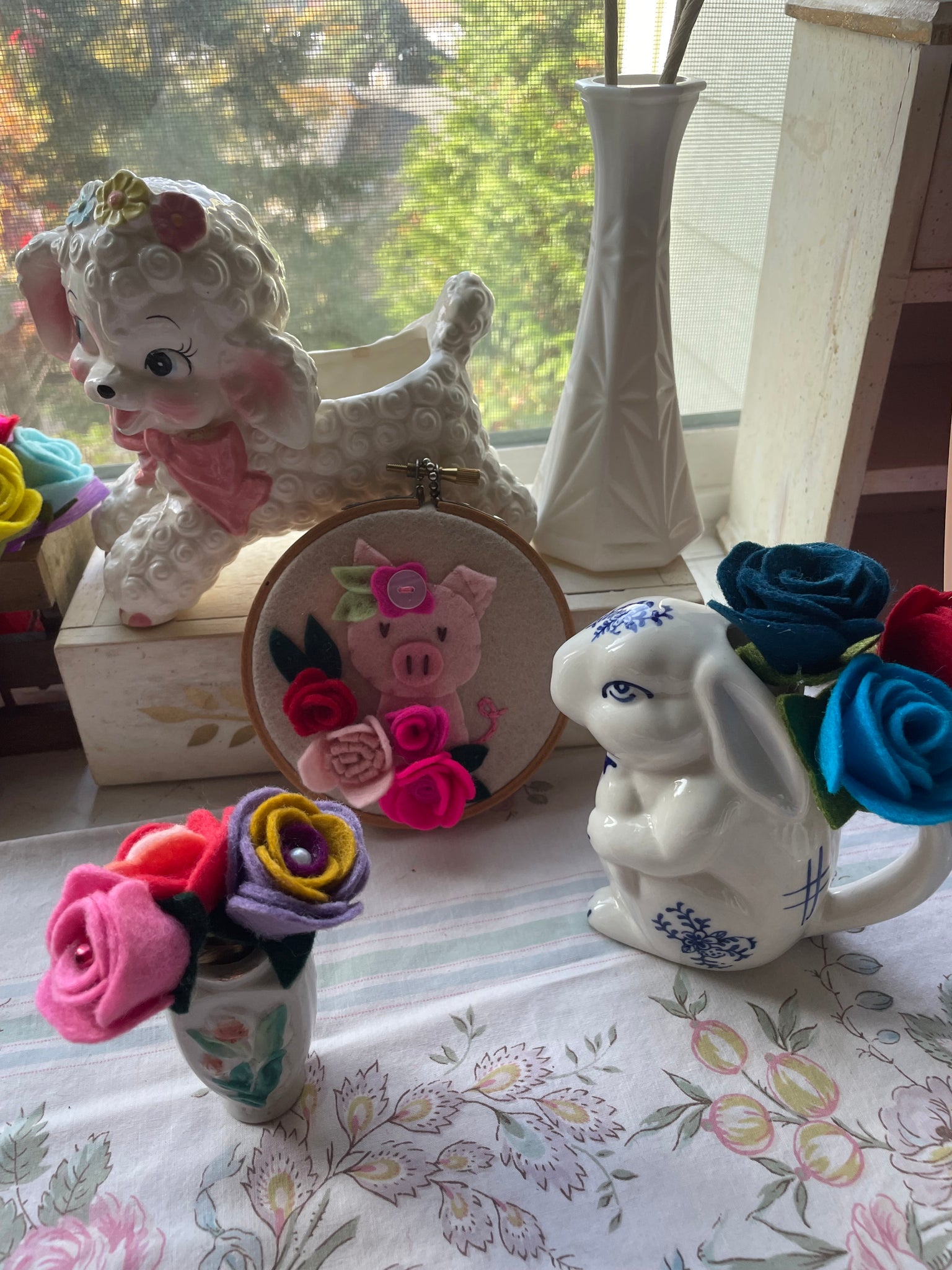 Vintage Lamb Planter with Flowers and Pink Bow