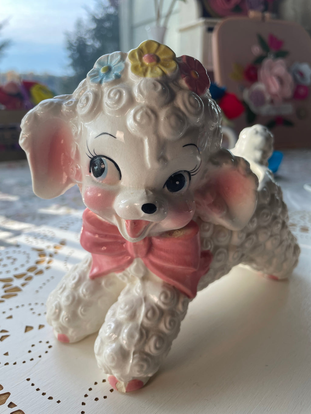 Vintage Lamb Planter with Flowers and Pink Bow
