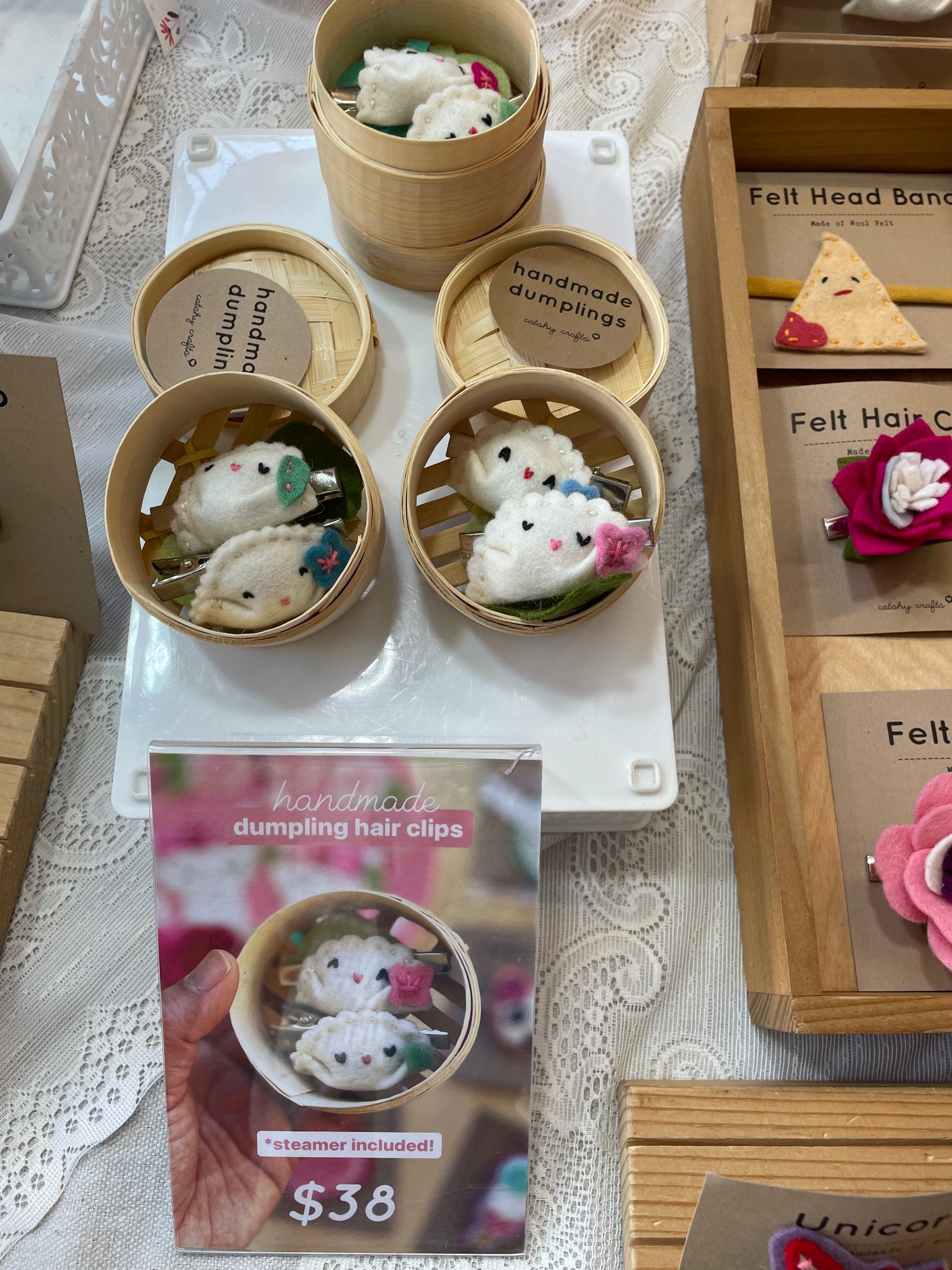 Set of 2 Handmade Felt Hair Clips in Bamboo Steamer