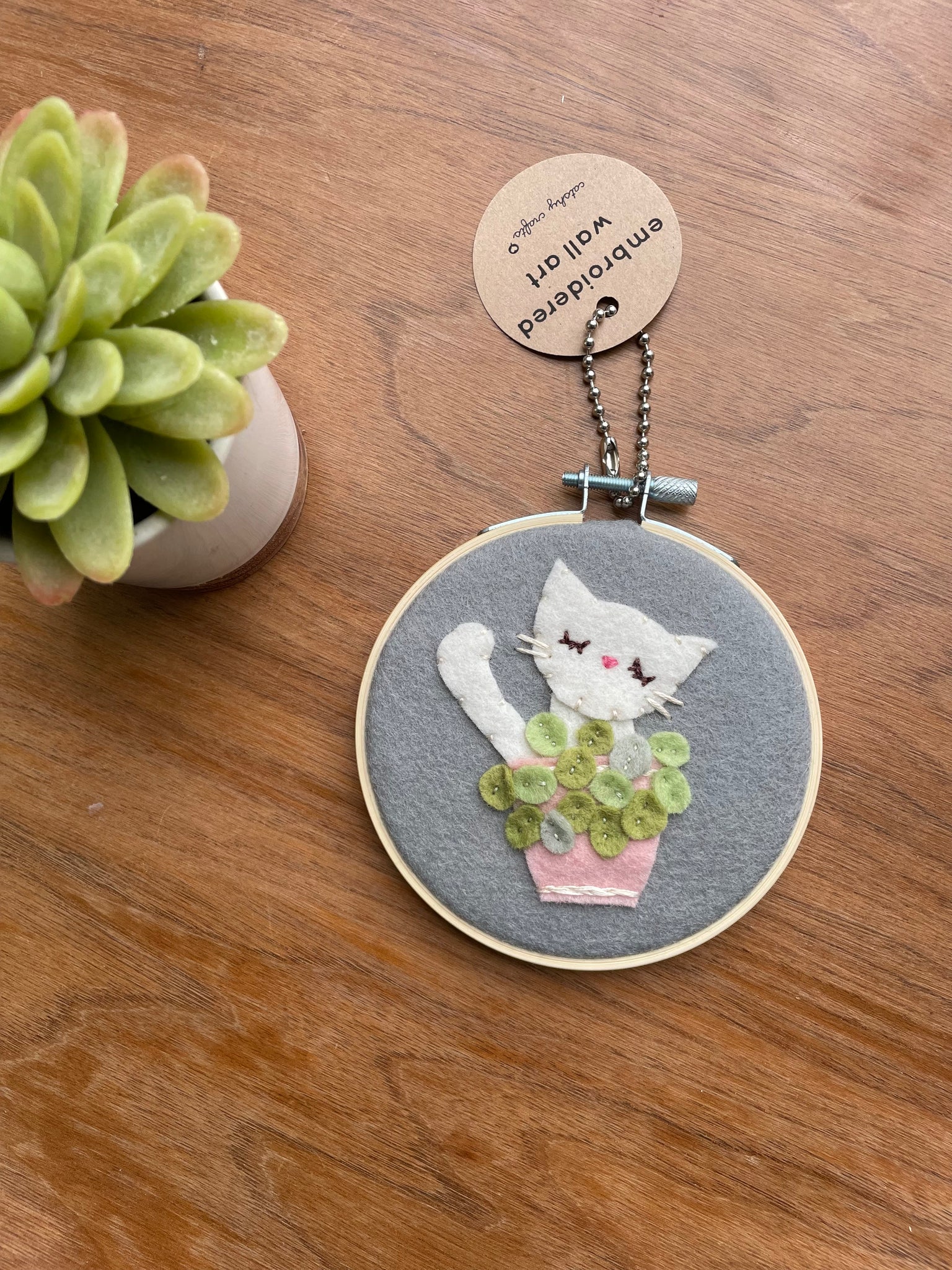 Cat in Pilea Plant Felt Wall Art