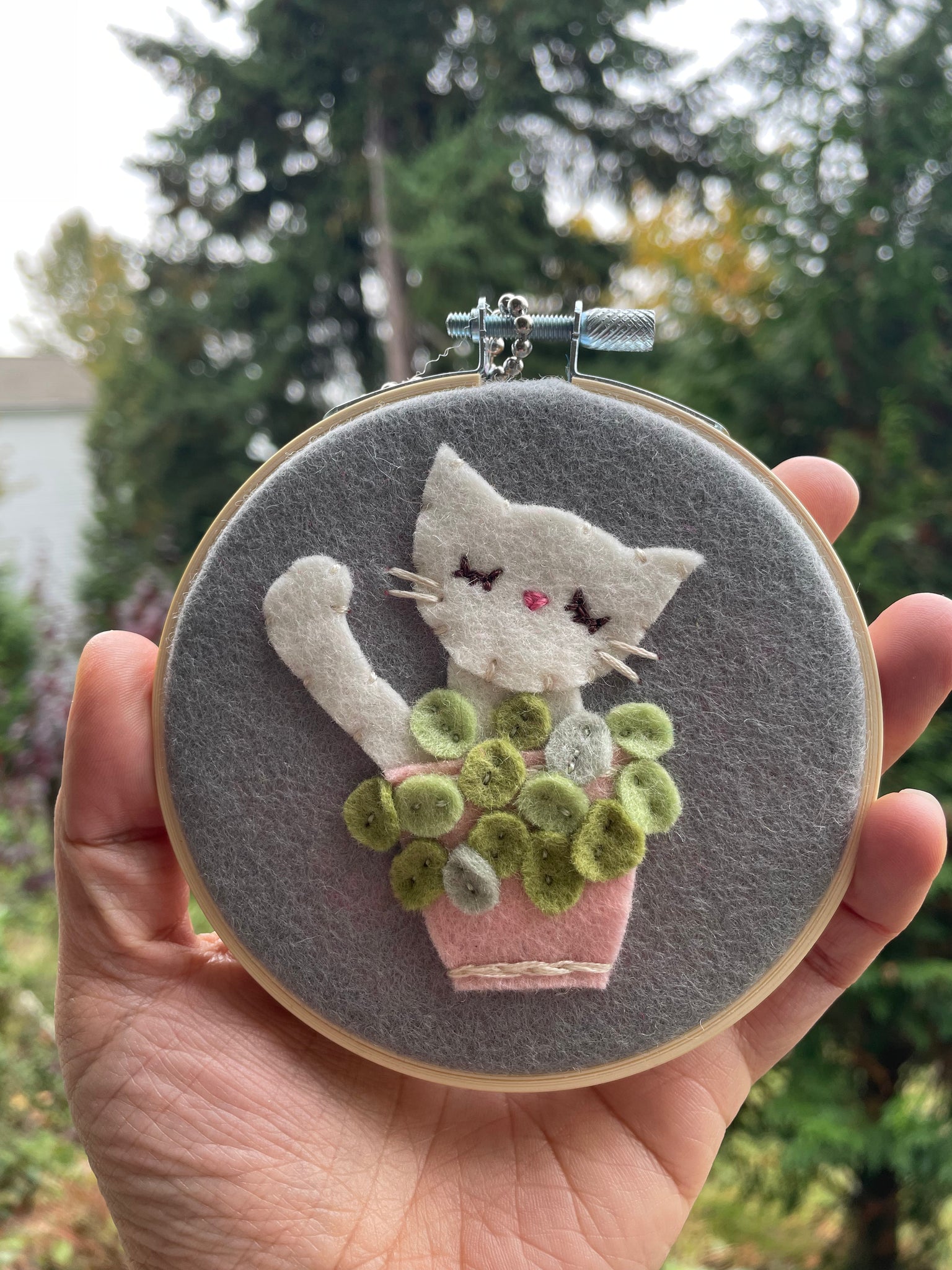 Cat in Pilea Plant Felt Wall Art