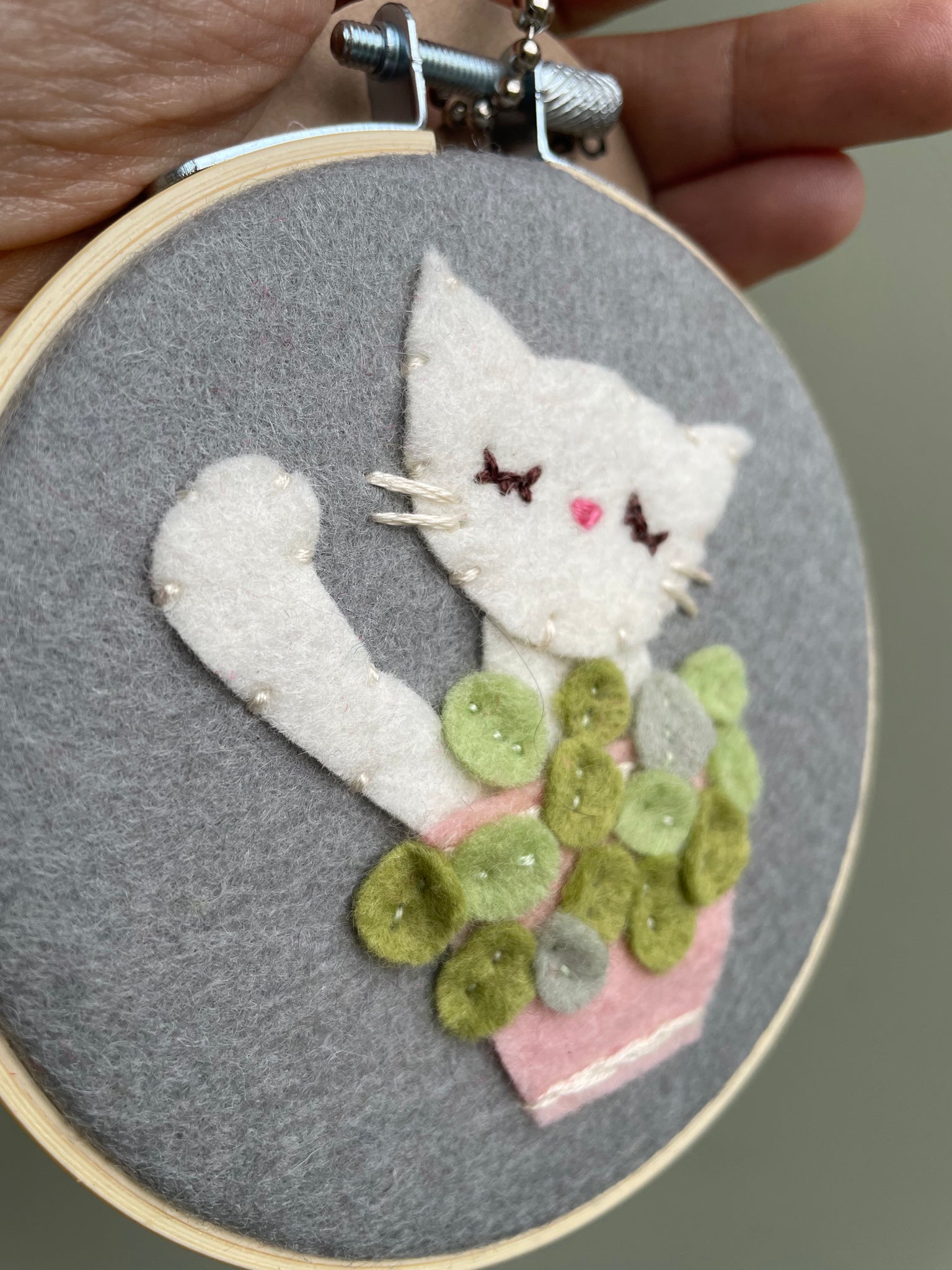Cat in Pilea Plant Felt Wall Art