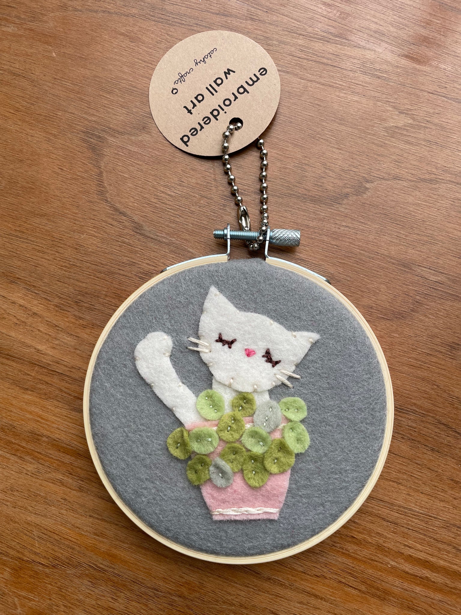 Cat in Pilea Plant Felt Wall Art