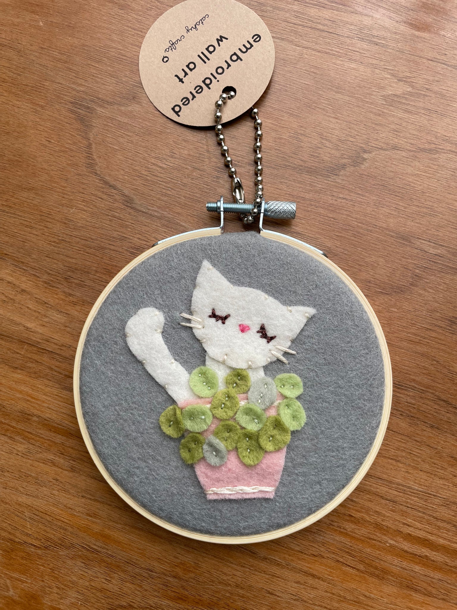 Cat in Pilea Plant Felt Wall Art