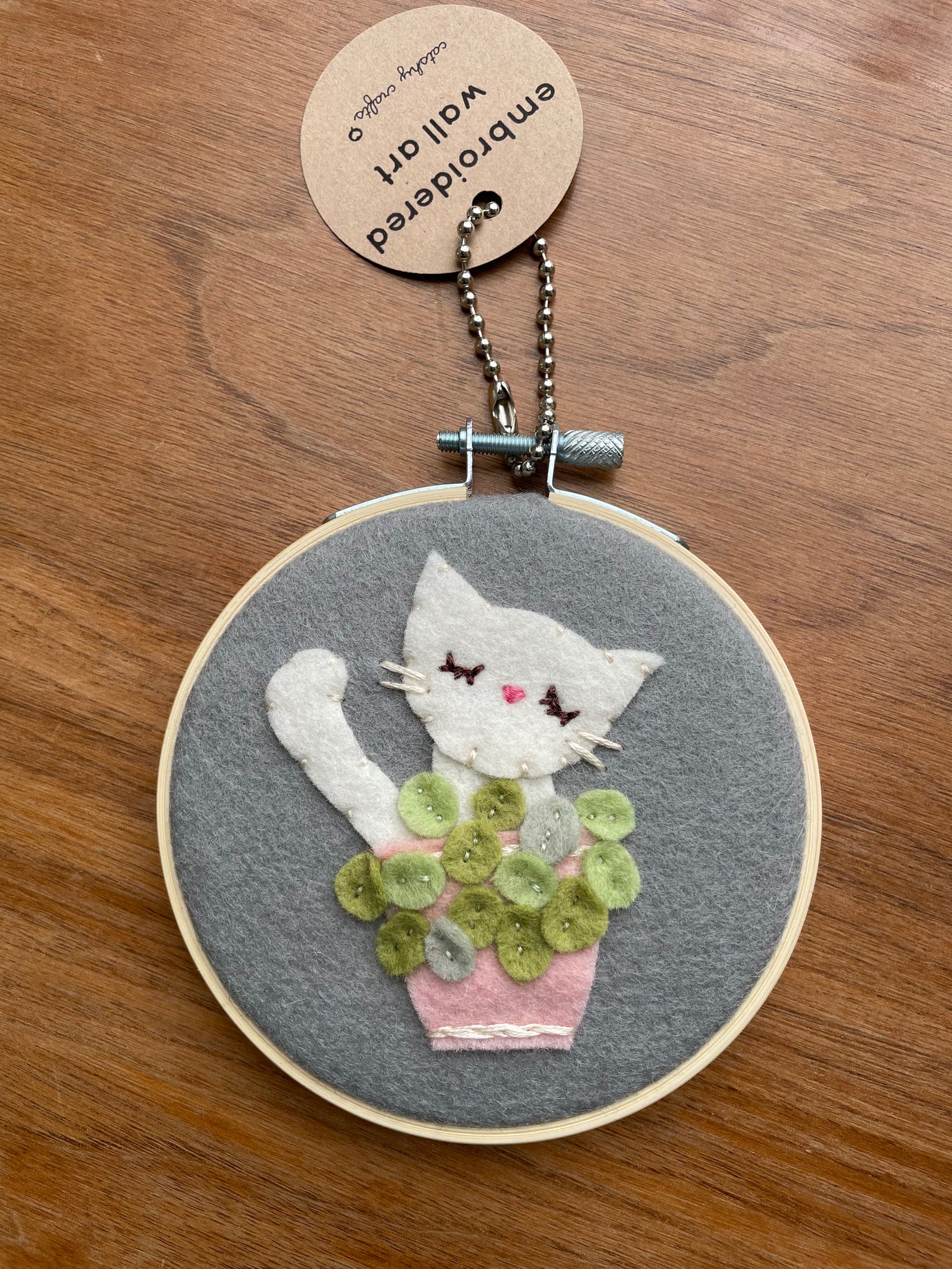 Cat in Pilea Plant Felt Wall Art