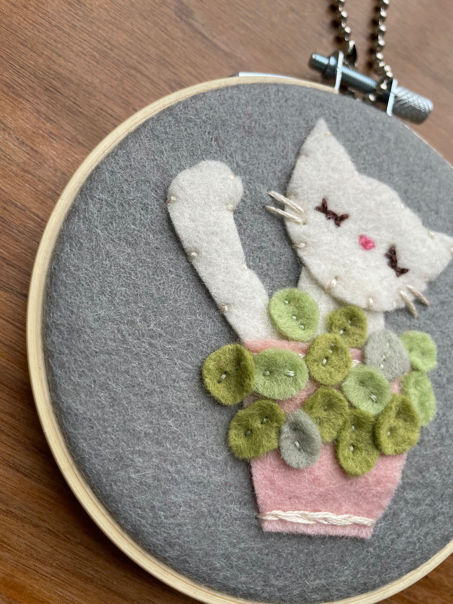 Cat in Pilea Plant Felt Wall Art
