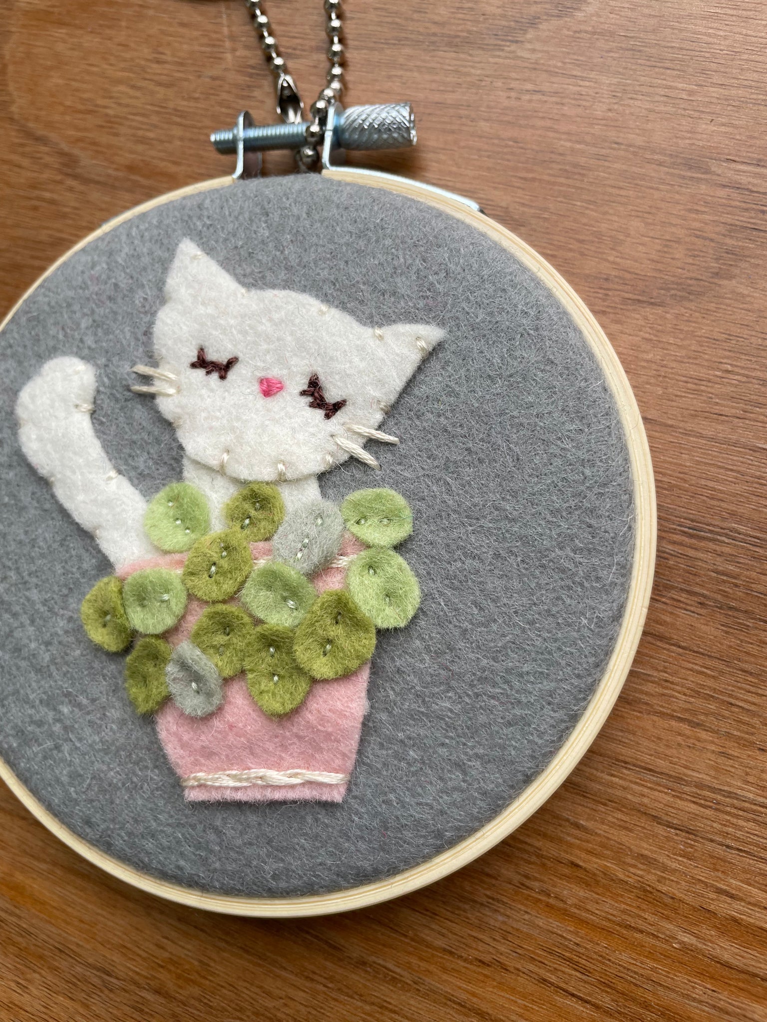 Cat in Pilea Plant Felt Wall Art