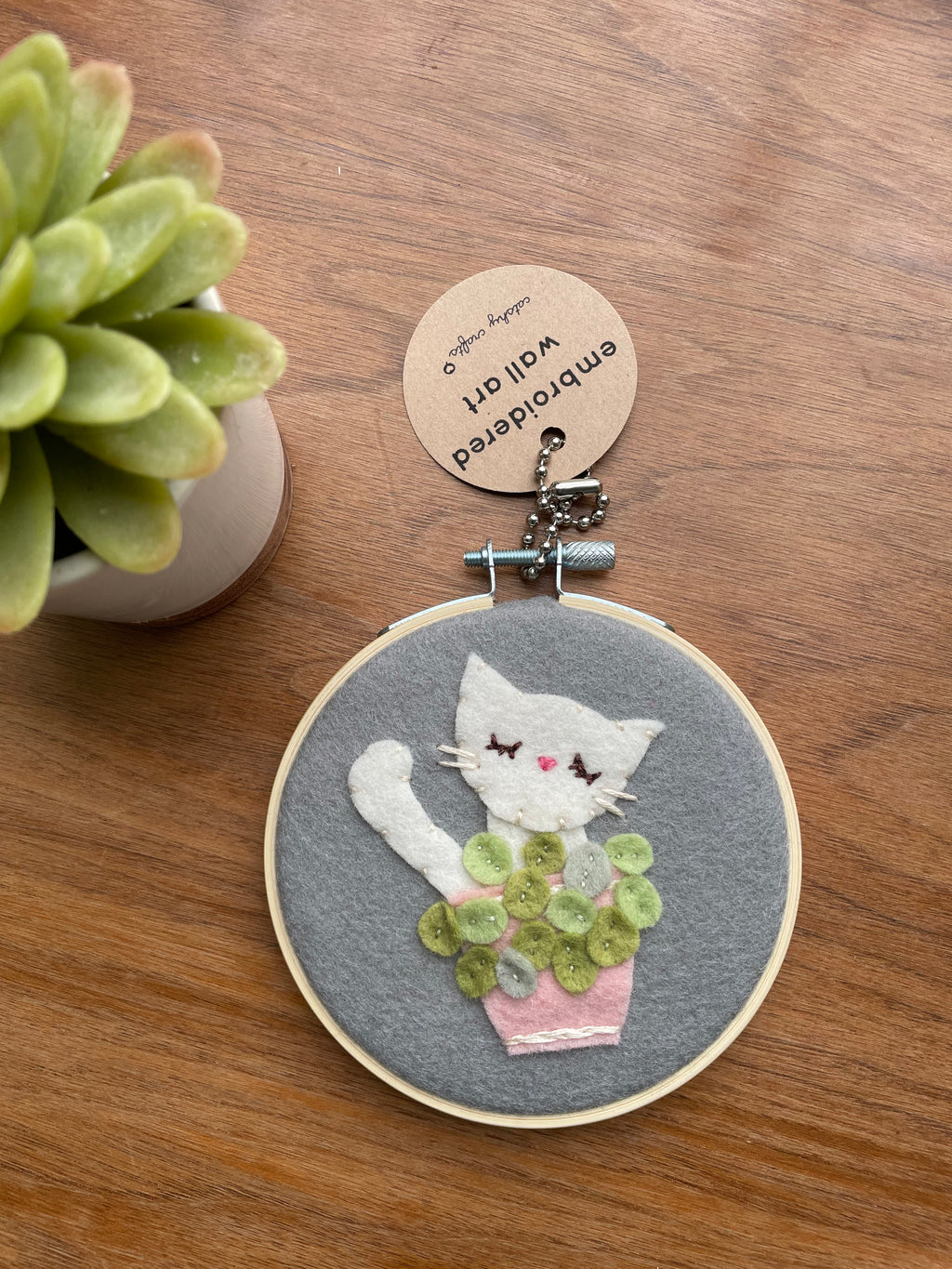 Cat in Pilea Plant Felt Wall Art