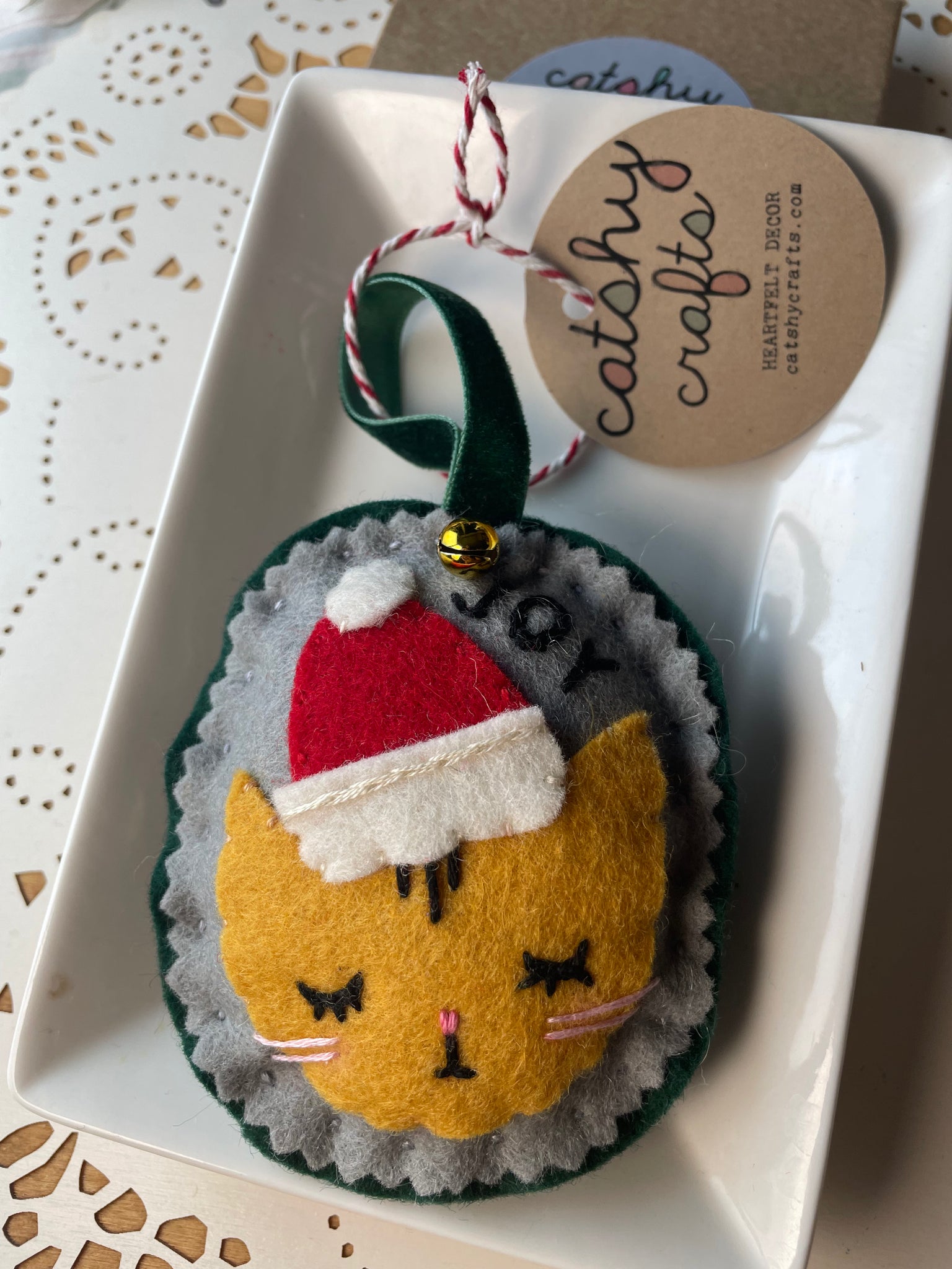 Puffy Cat in Santa Hat Felt Ornament
