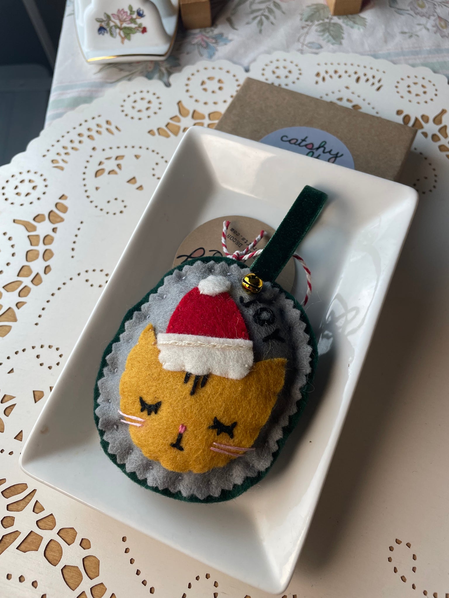 Puffy Cat in Santa Hat Felt Ornament
