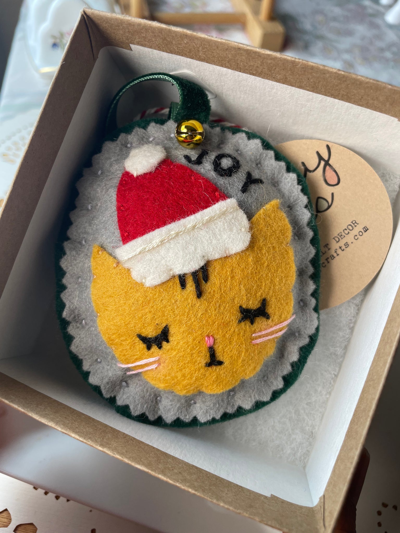 Puffy Cat in Santa Hat Felt Ornament