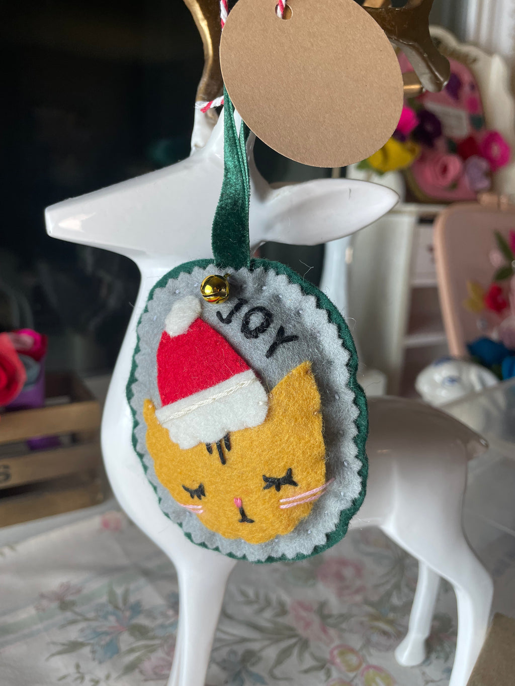 Puffy Cat in Santa Hat Felt Ornament