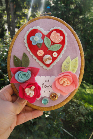 "let love grow" original embroidered wall art with handmade felt flowers and heart