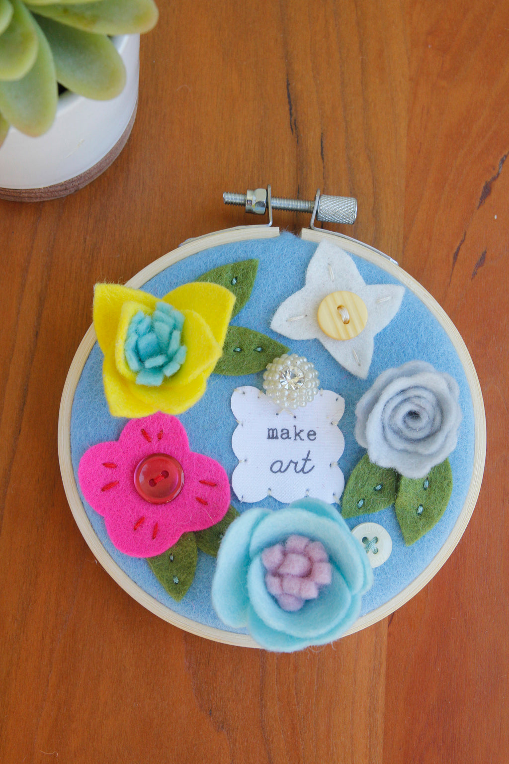 "make art" floral embroidery hoop art