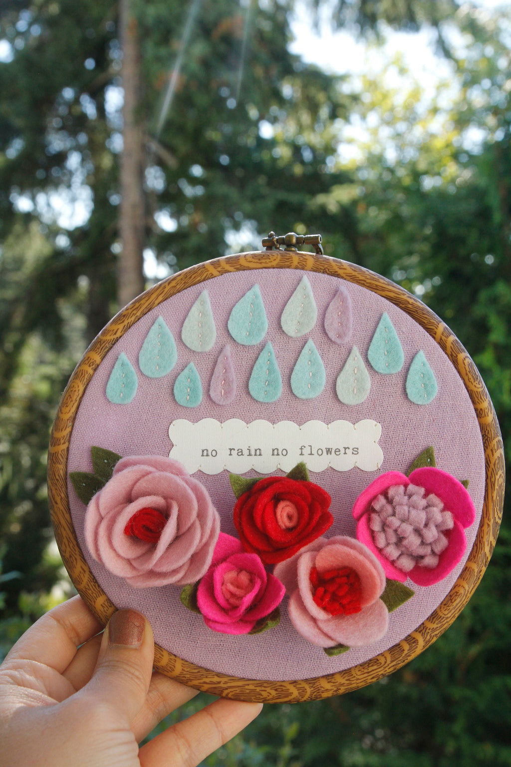 "no rain no flowers" original embroidered wall art with handmade felt flowers