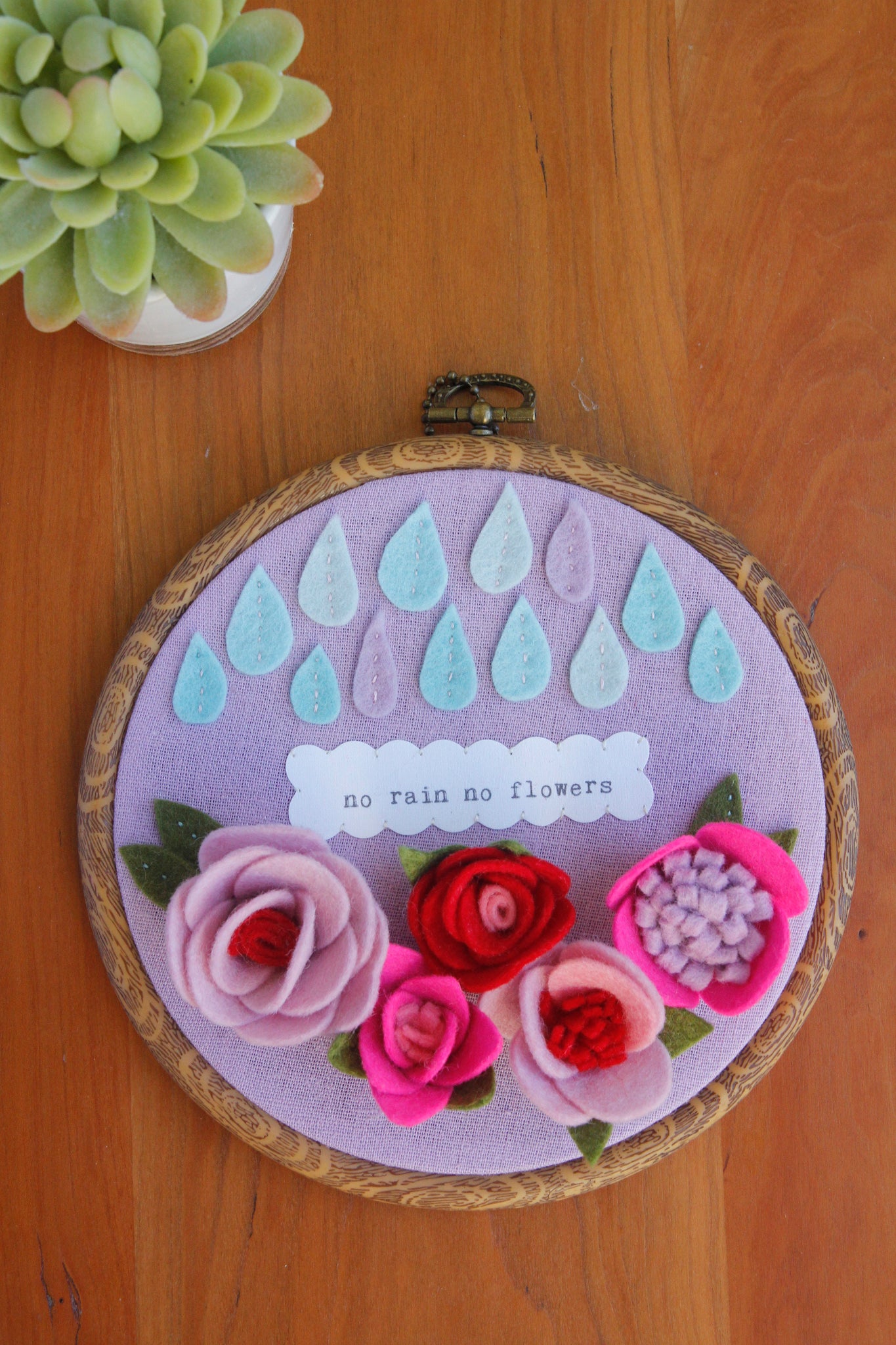 "no rain no flowers" original embroidered wall art with handmade felt flowers