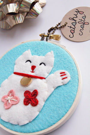 New Color! Lucky Cat (Maneki Neko) with Gold Coin Embroidery Hoop Art in Aqua