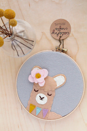 Cute Llama with Pink Flower Embroidery Hoop Art - 6 inches
