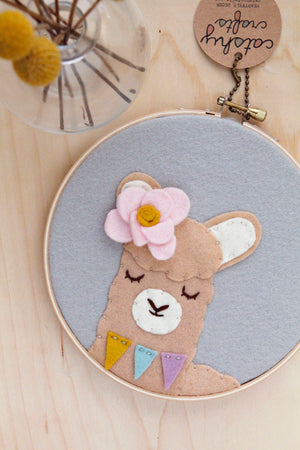 Cute Llama with Pink Flower Embroidery Hoop Art - 6 inches