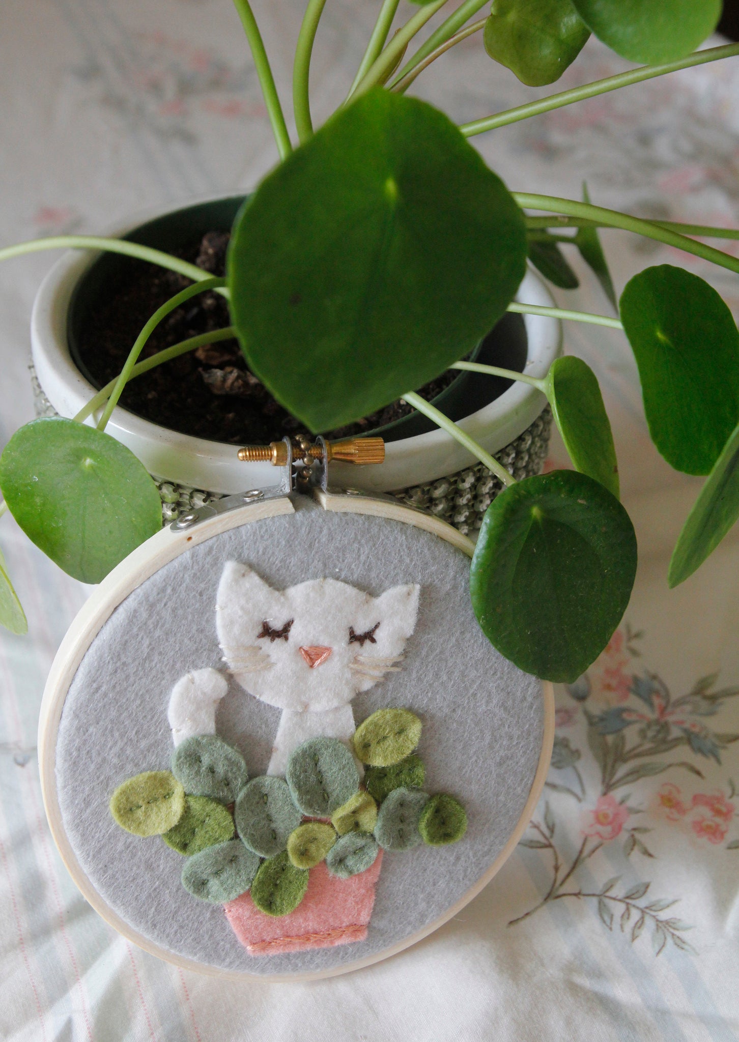 Felt Applique White Cat with Pilea Plant Wall Art - Charitable