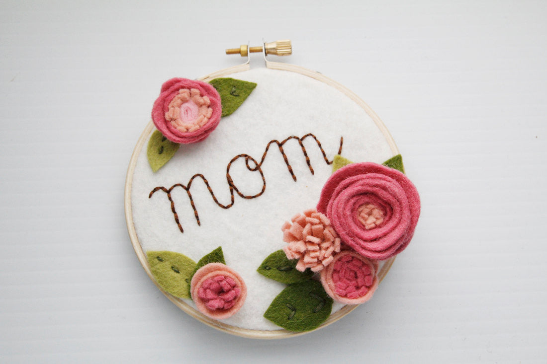 Mom Personalized Embroidery Hoop Art with Pink Flowers