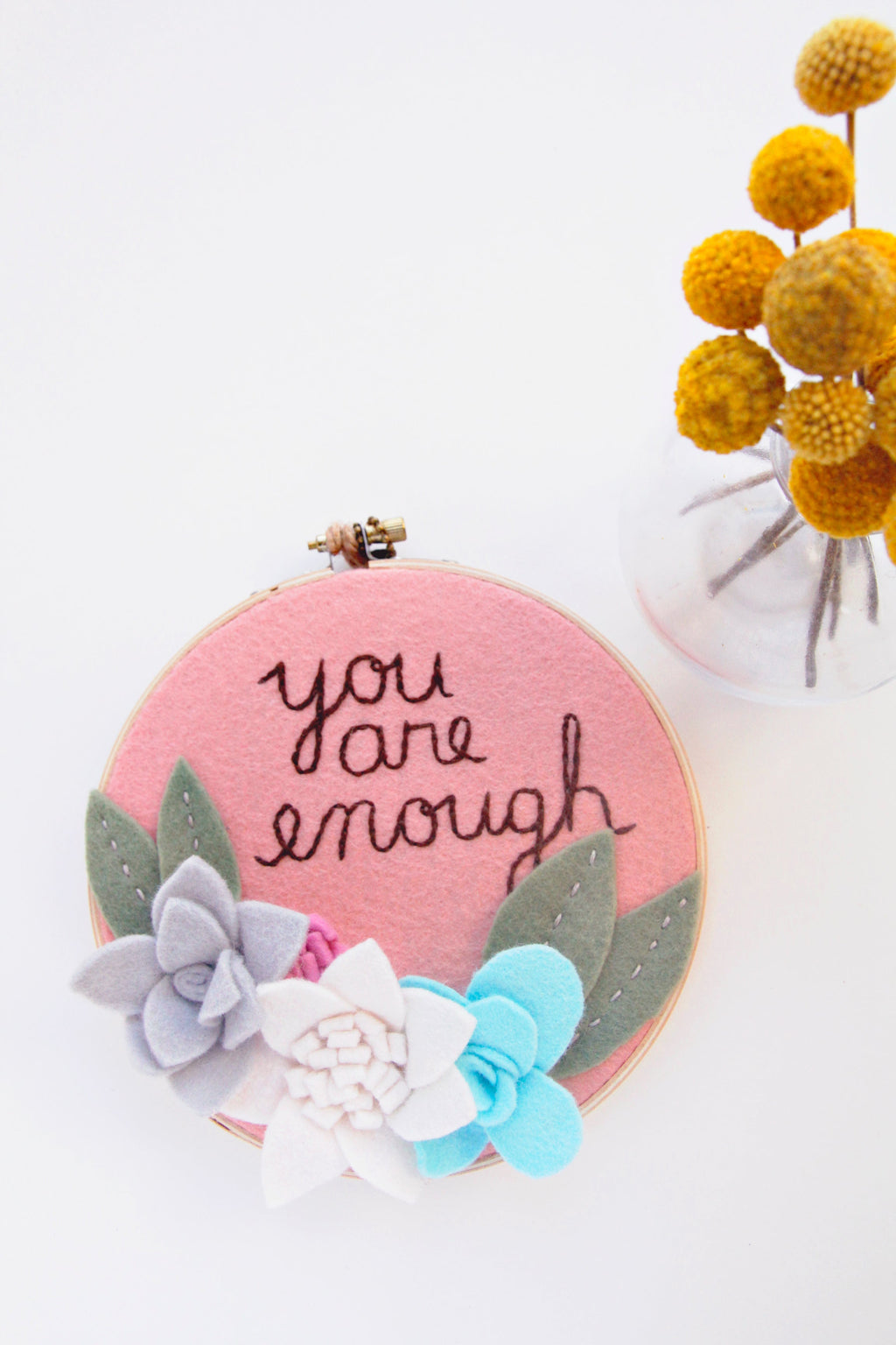 Custom "You Are Enough" Hoop Art with Purple, Mustard and Pale Lilac Felt Flowers for Lauren